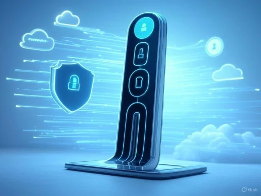Digital illustration of a futuristic security interface with lock icons and cloud data protection symbols.