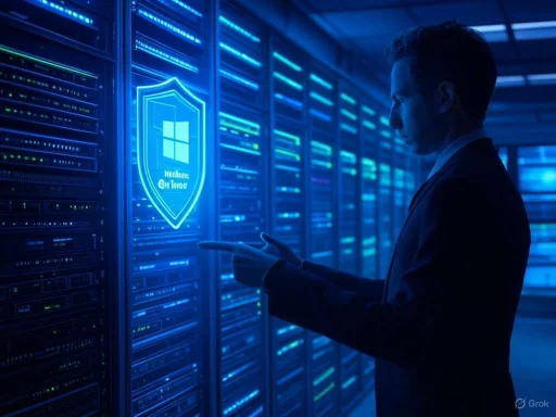 A man interacts with a glowing cybersecurity shield interface in a server room bathed in blue light.