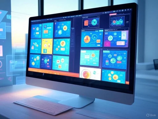 A desktop computer displays multiple colorful, data-rich dashboard screens in a modern office setting.