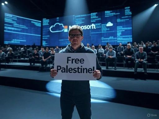A man stands in a spotlight holding a 'Free Palestine!' sign in front of an audience and Microsoft screens.