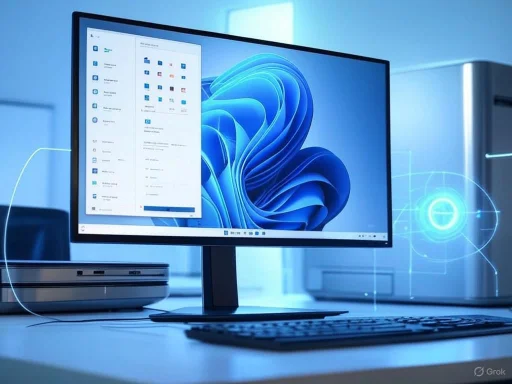 A modern desktop computer setup displays the Windows 11 interface on a sleek monitor with a keyboard.