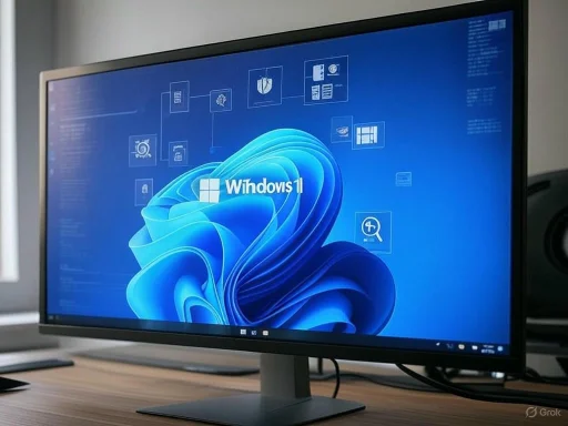 A computer monitor displays the Windows 11 desktop with its distinctive blue swirl background.