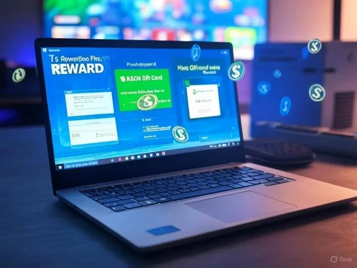 A laptop screen displays a rewards program interface with floating digital currency icons around it.