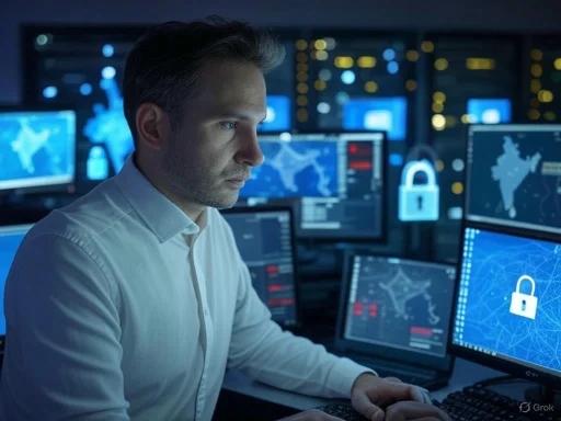 A focused man works on cybersecurity tasks surrounded by multiple screens displaying locked icons and maps.