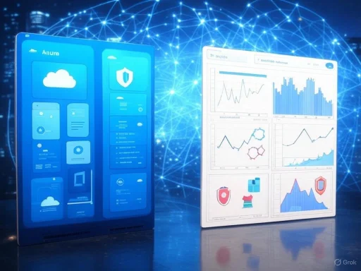 Digital dashboards displaying cloud data analytics and security metrics with a network background.