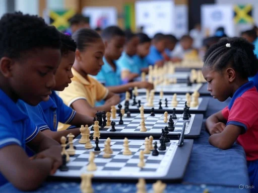 Children in colorful uniforms concentrate on playing chess in a classroom setting.