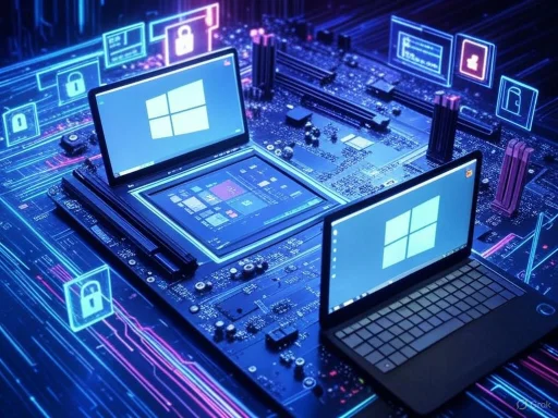 Two laptops with Windows OS logos are embedded on a futuristic digital motherboard with security icons.