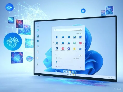 A futuristic computer screen displays a Windows 11 interface with floating digital and neural graphics.