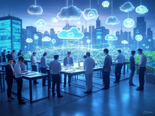 Business professionals interact with digital cloud technology in a futuristic urban environment.