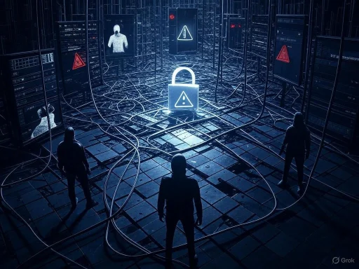 Three hooded figures confront a glowing padlock symbolizing cybersecurity threats in a dark server room.