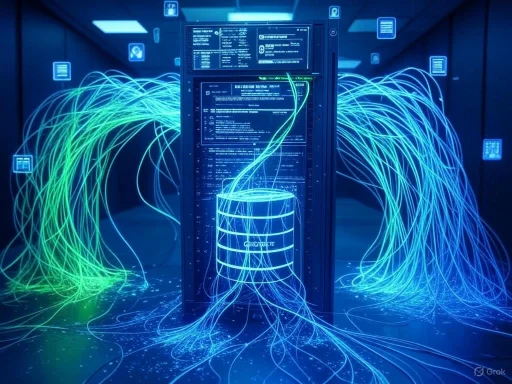 A central data server with glowing fiber optic cables transmits information in a futuristic digital network.