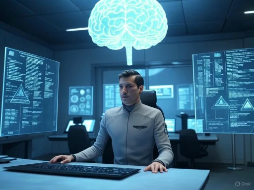 A man in a futuristic control room analyzes brain data on multiple transparent digital screens.
