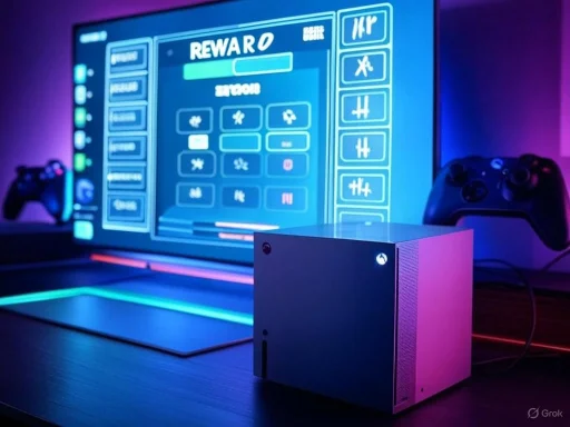 A sleek Xbox Series X console is set up with dual controllers and a colorful game interface on the screen.