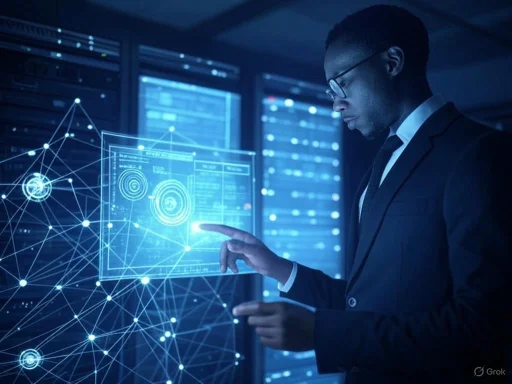 A man in a suit interacts with a futuristic transparent digital interface in a server room.