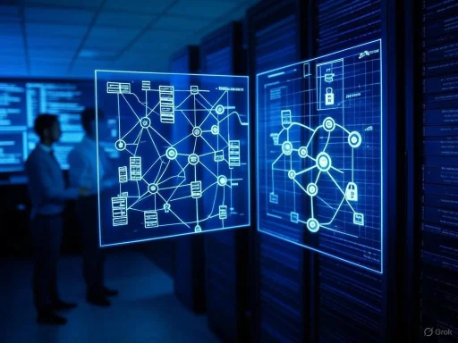 Two people analyze complex network diagrams displayed on futuristic transparent digital screens in a server room.