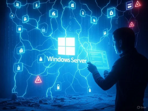 A person interacts with a glowing Windows Server network interface displaying security icons and alerts.