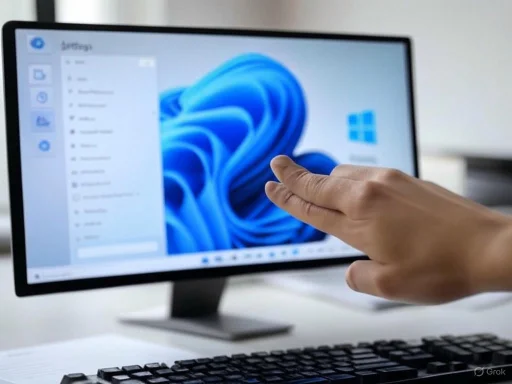 A hand gestures in front of a Windows 11 desktop screen displaying system settings.