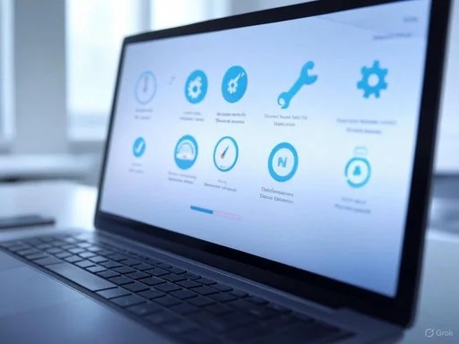 Laptop screen displaying a software interface with various blue icons and settings options. Laptop screen displaying a software interface with various blue icons and settings options.