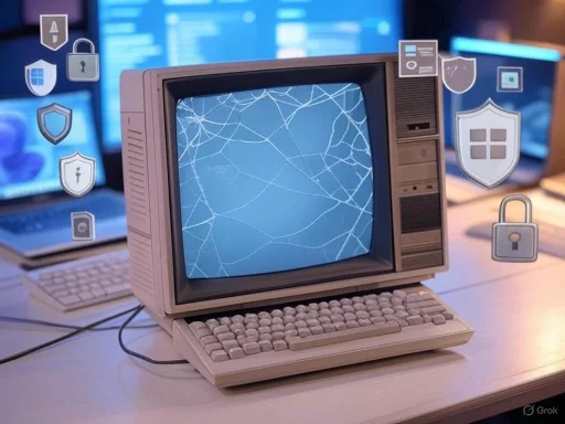 A vintage computer with a cracked screen is surrounded by digital security icons on a modern desk.