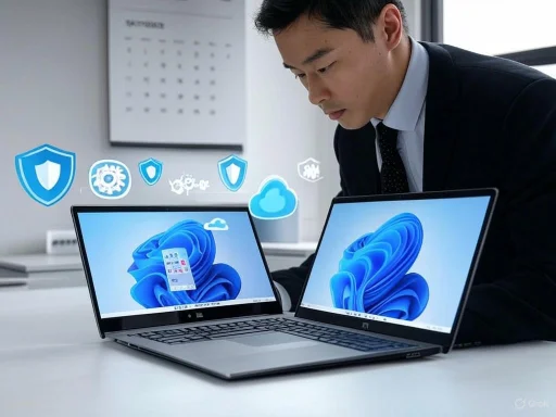 A man in a suit examines two laptops displaying Windows 11 with floating cybersecurity icons above them.