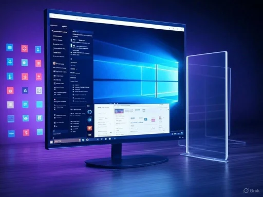 A modern computer monitor displays the Windows 10 desktop with a translucent phone outline beside it.