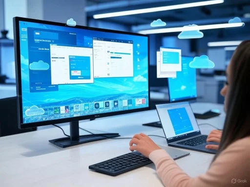 Person working on a laptop with multiple cloud-based application windows displayed on dual monitors.