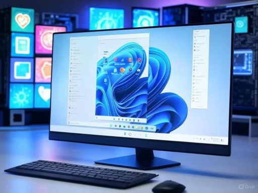 A sleek desktop monitor displays Windows 11 with a keyboard and mouse on a modern desk.