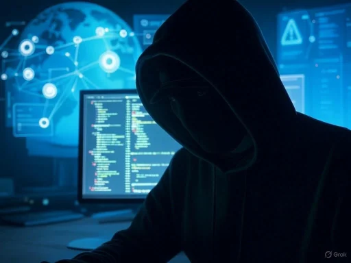 A hooded figure sits in front of a computer screen displaying code with a glowing digital globe in the background.