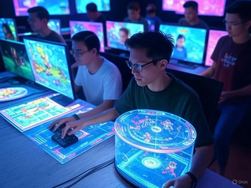 Gamers intensely playing at a futuristic setup with holographic game displays in a dimly lit room.