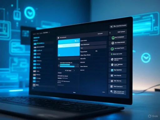 Laptop screen displaying a dark-themed user interface with data and settings in a tech-themed environment.