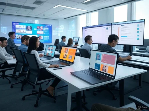 A group of people working on laptops and dual monitors in a modern, collaborative office environment.