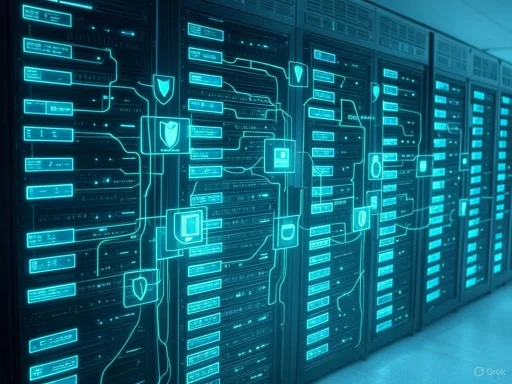 A futuristic data center with servers visualized by glowing cybersecurity and network interface graphics.