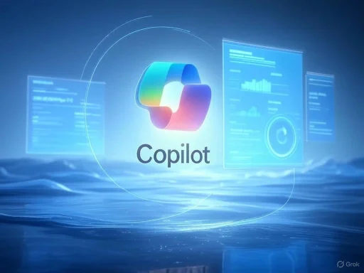 The Copilot logo hovers over a digital ocean with translucent data displays in a futuristic blue setting.