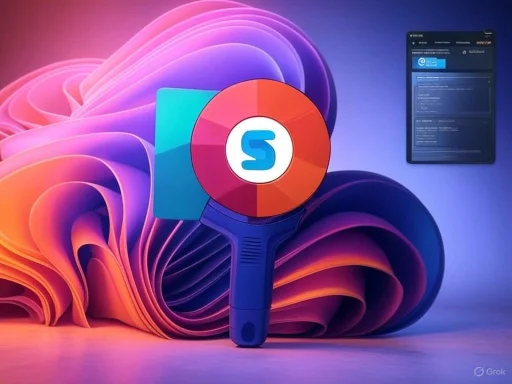 A colorful, futuristic magnifying glass icon with a stylized 'S' in front of a vibrant, abstract background.