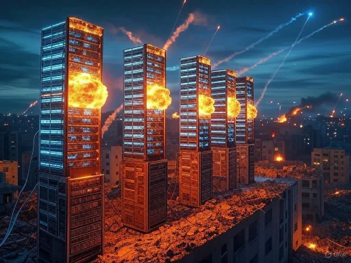 Five large server towers line a rooftop, each erupting with fiery explosions amid a nighttime cityscape. Five large server towers line a rooftop, each erupting with fiery explosions amid a nighttime cityscape.