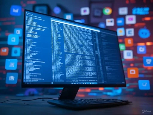 A computer monitor displays complex code with a keyboard and digital app icons in the blurred background.