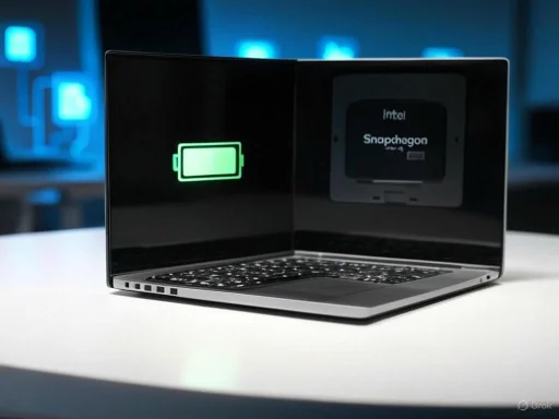 A laptop on a table displays a green battery icon and an Intel Snapdragon chip on its dual screens.