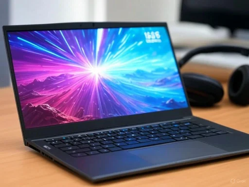 A sleek laptop on a wooden desk displaying a vibrant, colorful cosmic explosion wallpaper.