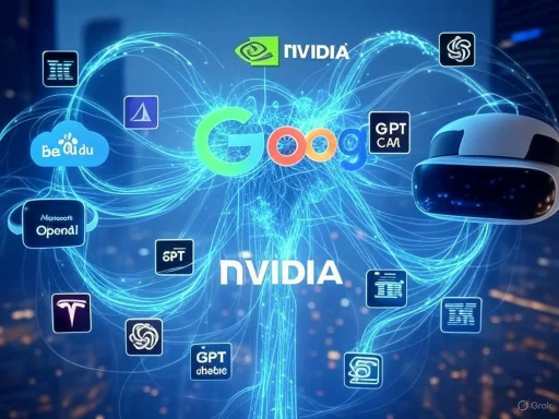 A digital network connects AI and tech company logos like Google, Nvidia, OpenAI, and Baidu around a VR headset.