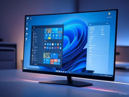 A sleek monitor on a desk displays a Windows 11 desktop interface with multiple open windows.