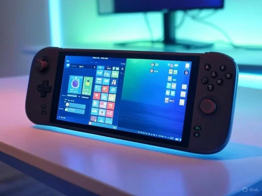 A handheld gaming device displays a split-screen interface with tiles and desktop icons on a white table.
