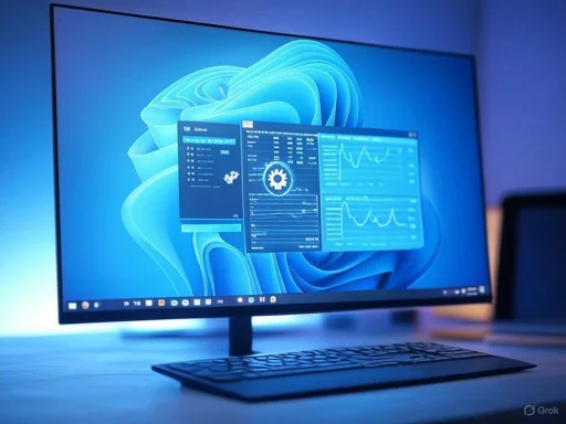 A sleek computer monitor displays system performance charts and settings on a bright blue Windows desktop.