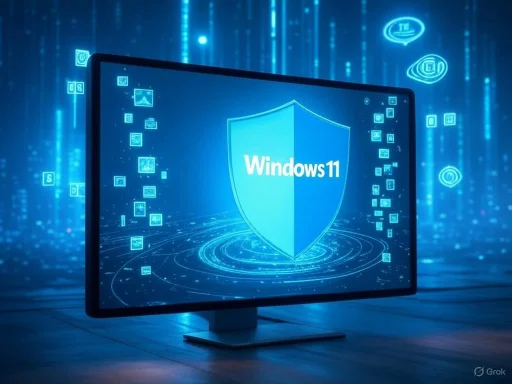 A computer monitor displays a glowing Windows 11 shield emblem with digital security icons floating around. A computer monitor displays a glowing Windows 11 shield emblem with digital security icons floating around.