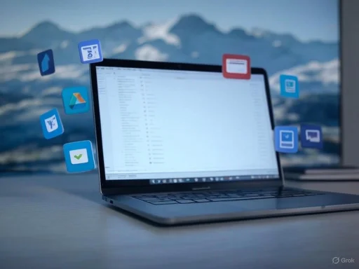 A laptop on a desk with colorful floating app icons surrounding the screen against a mountain backdrop.