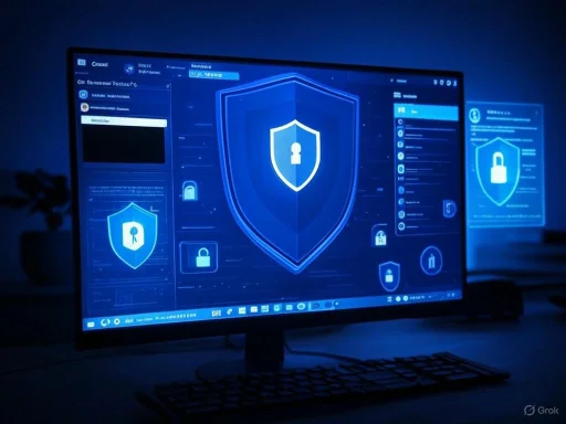 A computer screen displays a digital security interface with shield and lock icons symbolizing cybersecurity.