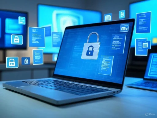 Laptop screens display digital locks and secure icons, symbolizing cybersecurity and data protection.