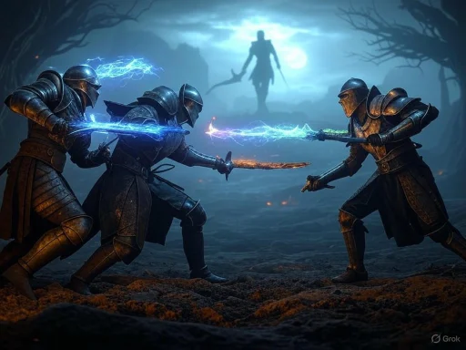 Armored warriors clash with glowing magical swords under a moonlit, eerie forest with a shadowy figure looming.