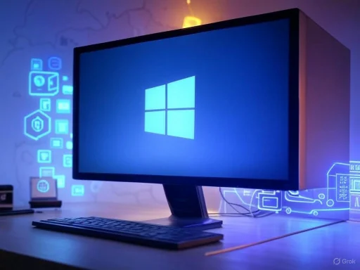 A desktop computer showing the Windows logo on screen with digital icons glowing around the desk.