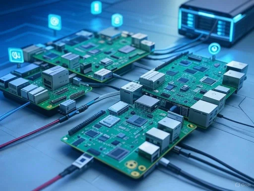 Close-up of interconnected green circuit boards with multiple ports and cables on a blue surface.