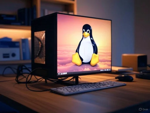 A desktop PC on a wooden table displays the Linux Tux penguin on its monitor.